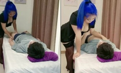 剧情演绎风骚黑丝高跟女技师勾搭享受按摩的小哥，淫声荡语撩骚互动扒下内裤口交大鸡巴，让小哥干瘫在床上