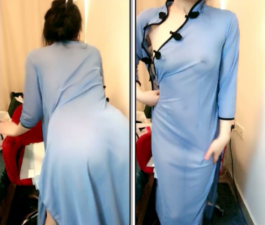 气质妹子，半透明旗袍，若隐若现的可以看到乳头，手指不停的扣着粉穴.